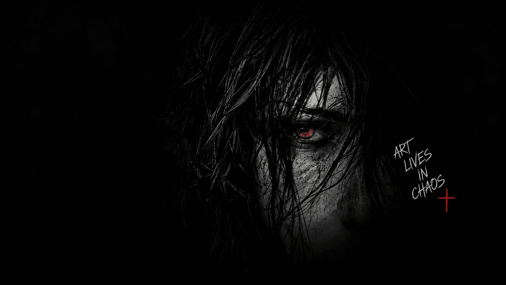 Dark KHAOTIC artwork with a red eye, Art Lives in Chaos lettering and a red cross