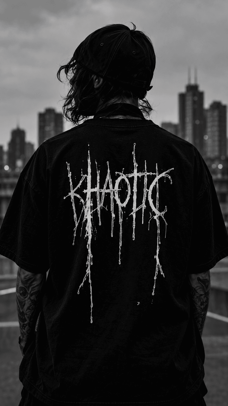 Back view of a model wearing a KHAOTIC graphic tee against the city skyline