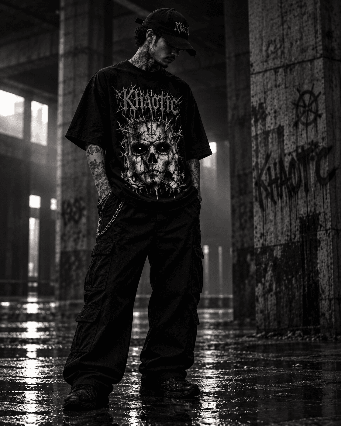 Model wearing a black KHAOTIC tee