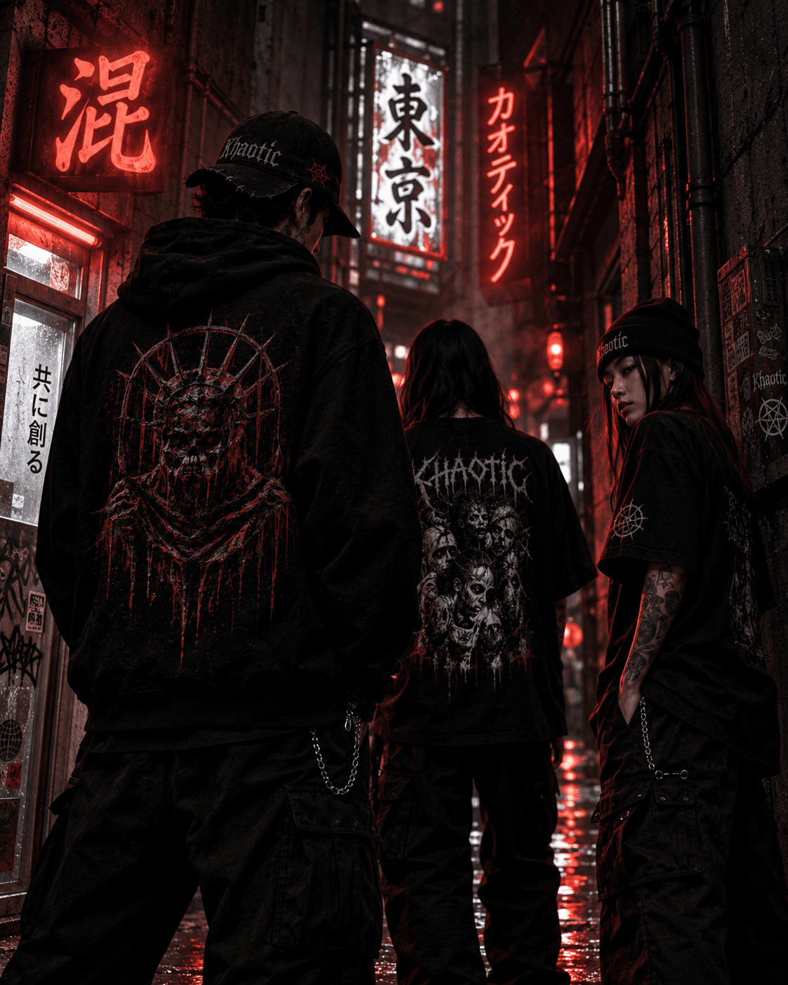 KHAOTIC streetwear under red neon lights