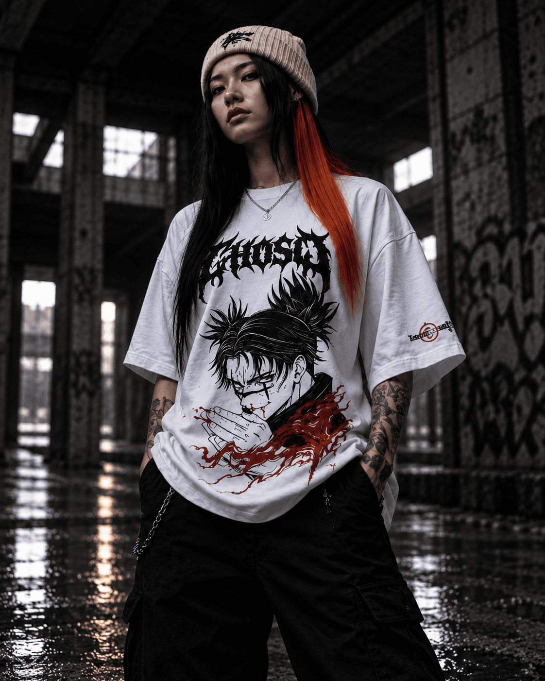 Model wearing a white graphic KHAOTIC tee