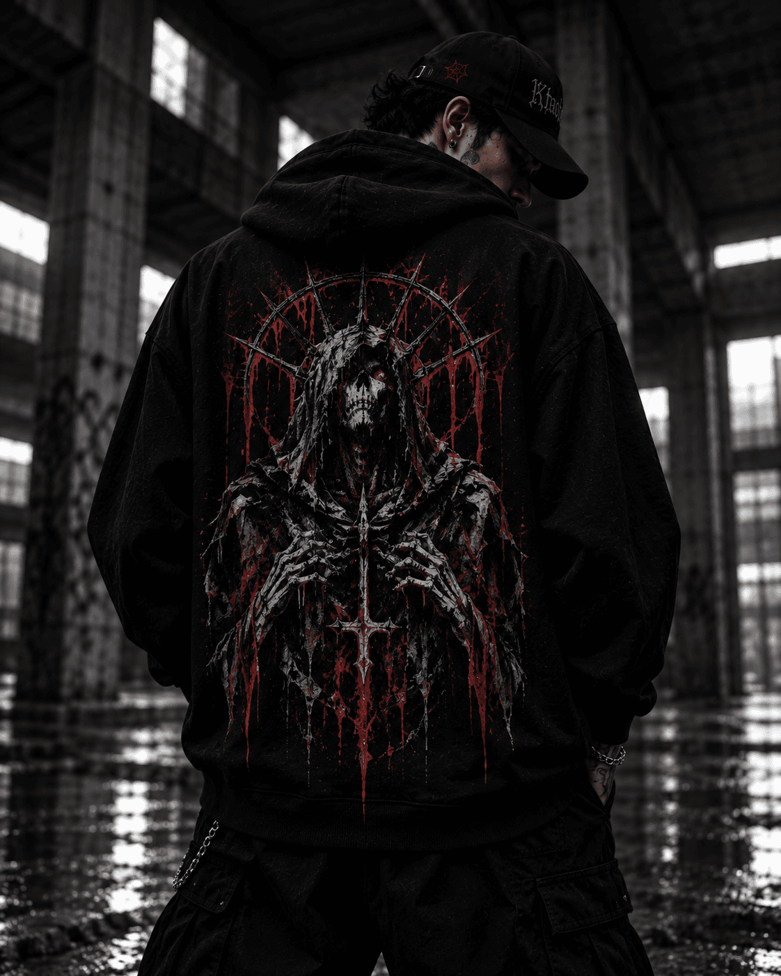 Back view of a graphic KHAOTIC hoodie