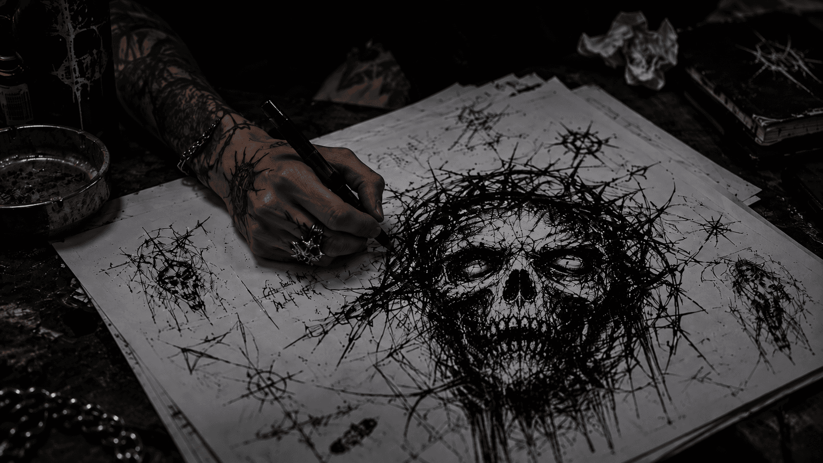 Drawing a skull concept on paper