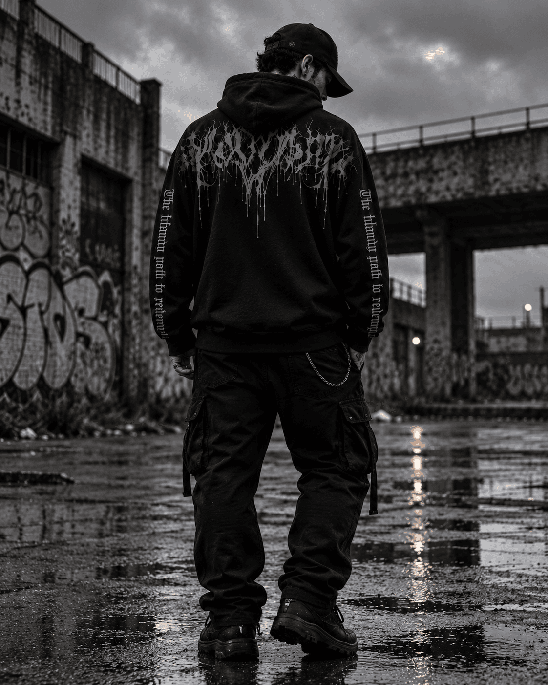 Back view of a black KHAOTIC hoodie in an industrial courtyard
