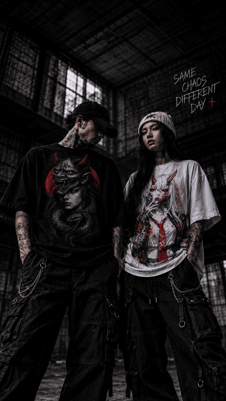 KHAOTIC campaign: two models wearing graphic tees in an industrial warehouse